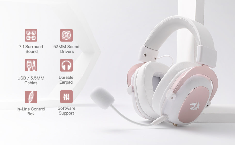 Redragon White Wired Gaming Headset - 7.1 Surround Sound Memory Foam Ear