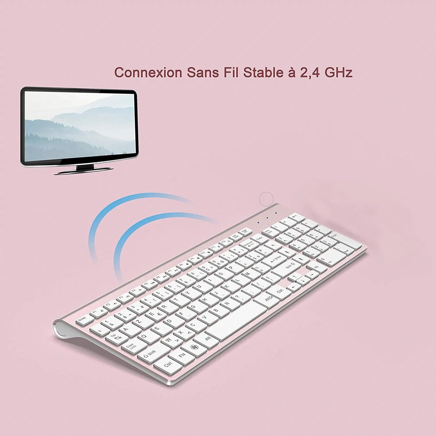 Wireless Keyboard Ergonomic French Keyboard for PC Laptop-Pink/Grey/Silver