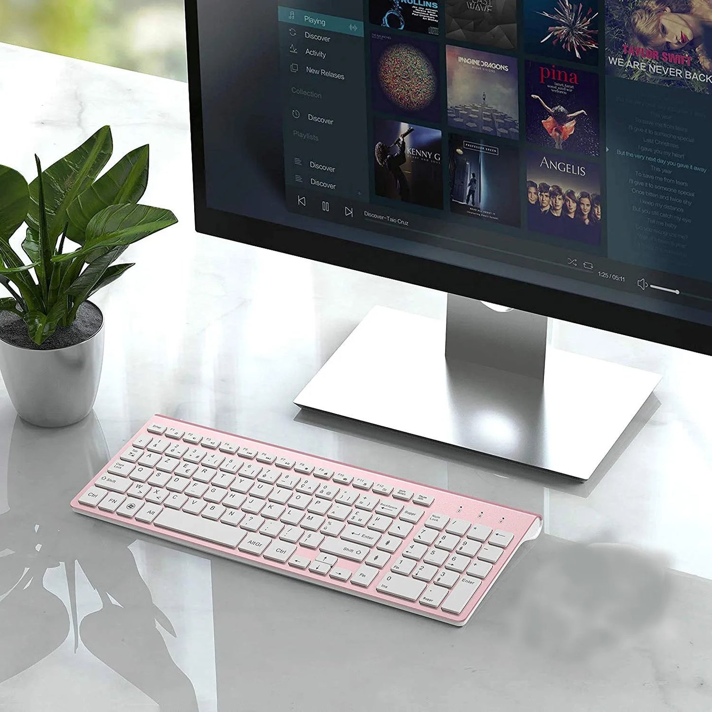 Wireless Keyboard Ergonomic French Keyboard for PC Laptop-Pink/Grey/Silver
