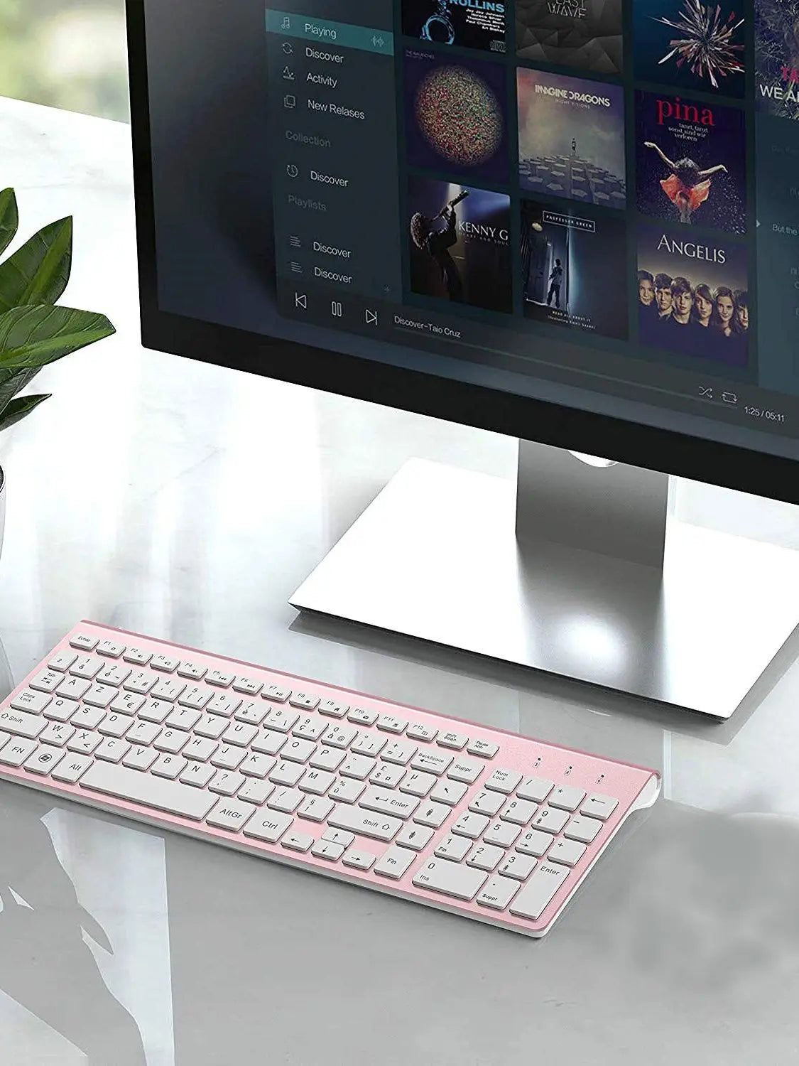 Wireless Keyboard Ergonomic French Keyboard for PC Laptop-Pink/Grey/Silver