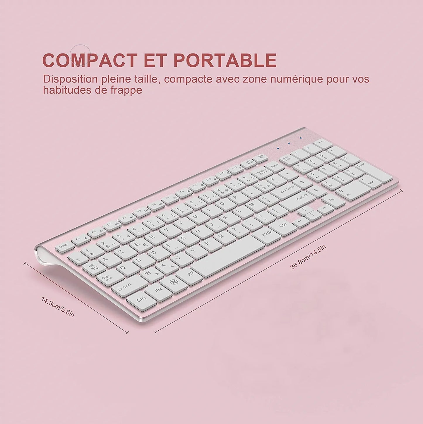 Wireless Keyboard Ergonomic French Keyboard for PC Laptop-Pink/Grey/Silver