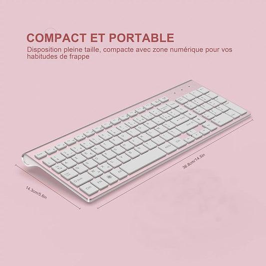 Wireless Keyboard Ergonomic French Keyboard for PC Laptop-Pink/Grey/Silver