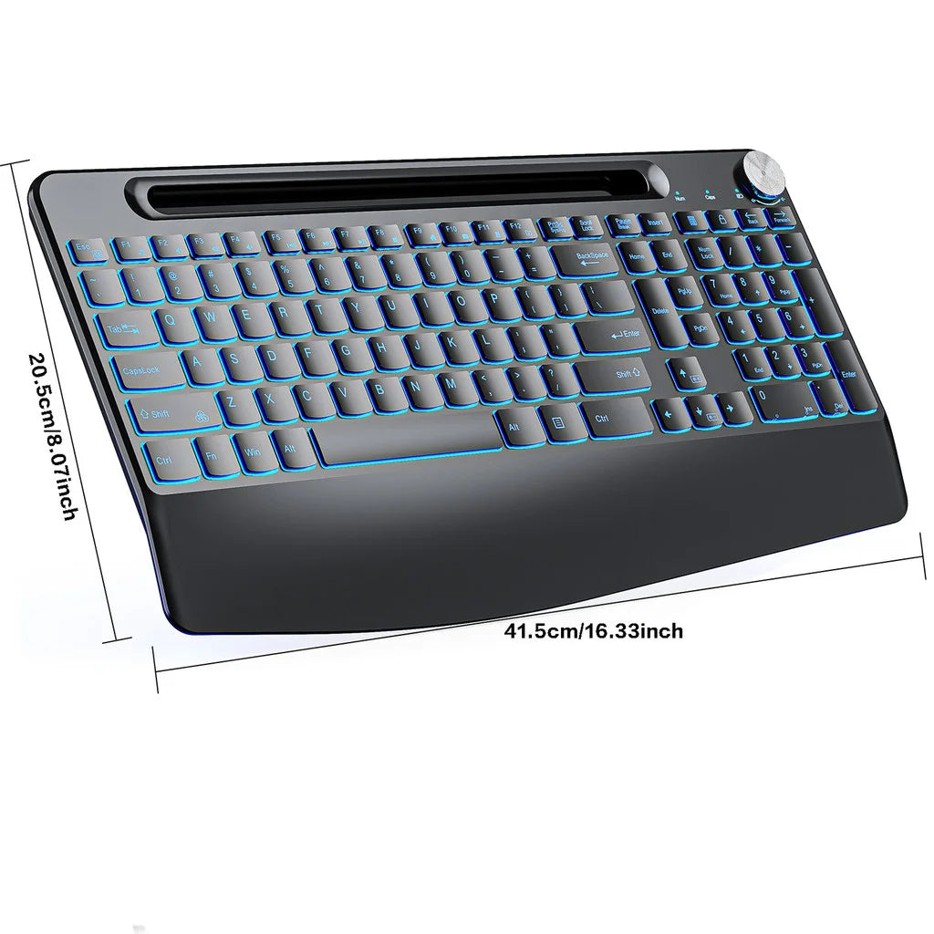 Wireless Keyboard with 7 Colored Backlits, Wrist Rest, Phone Holder Keyboard