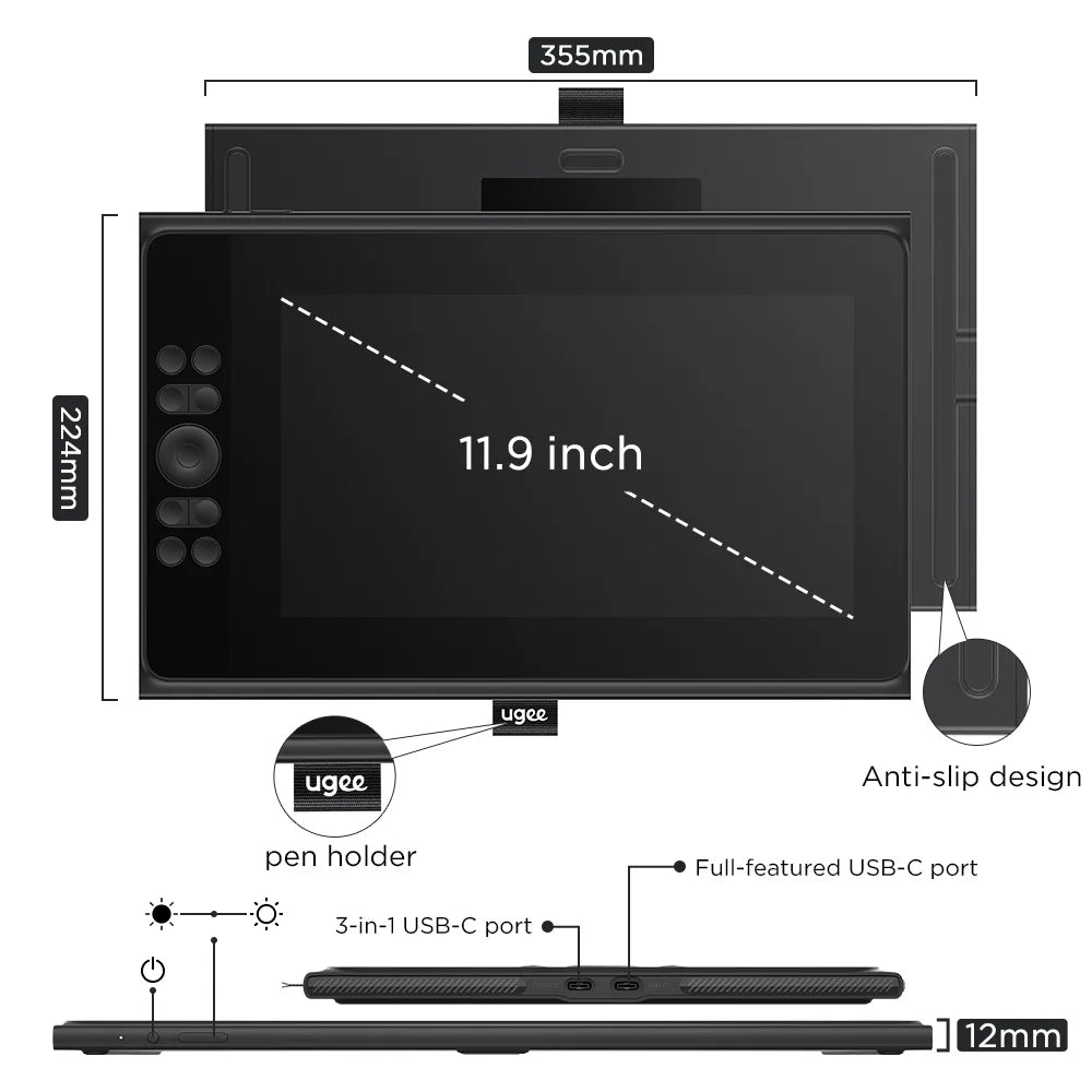 UGEE UE12 Plus Digital Pen Tablet Monitor with 11.9 HD Screen Drawing Tablet
