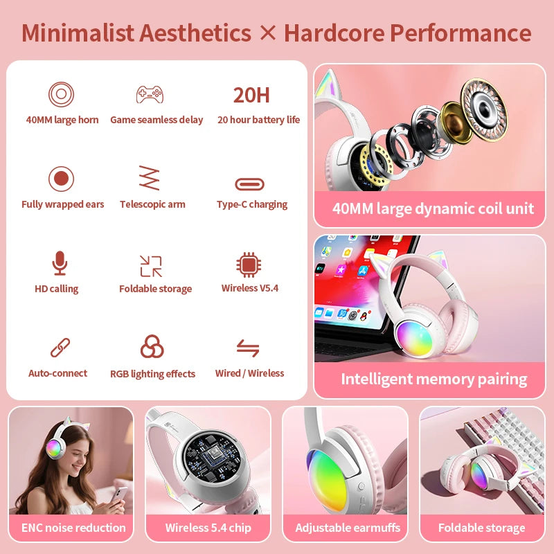 Cute Cat Ear RGB Wireless Headphones, Bluetooth Playtime, Foldable Over-Ear