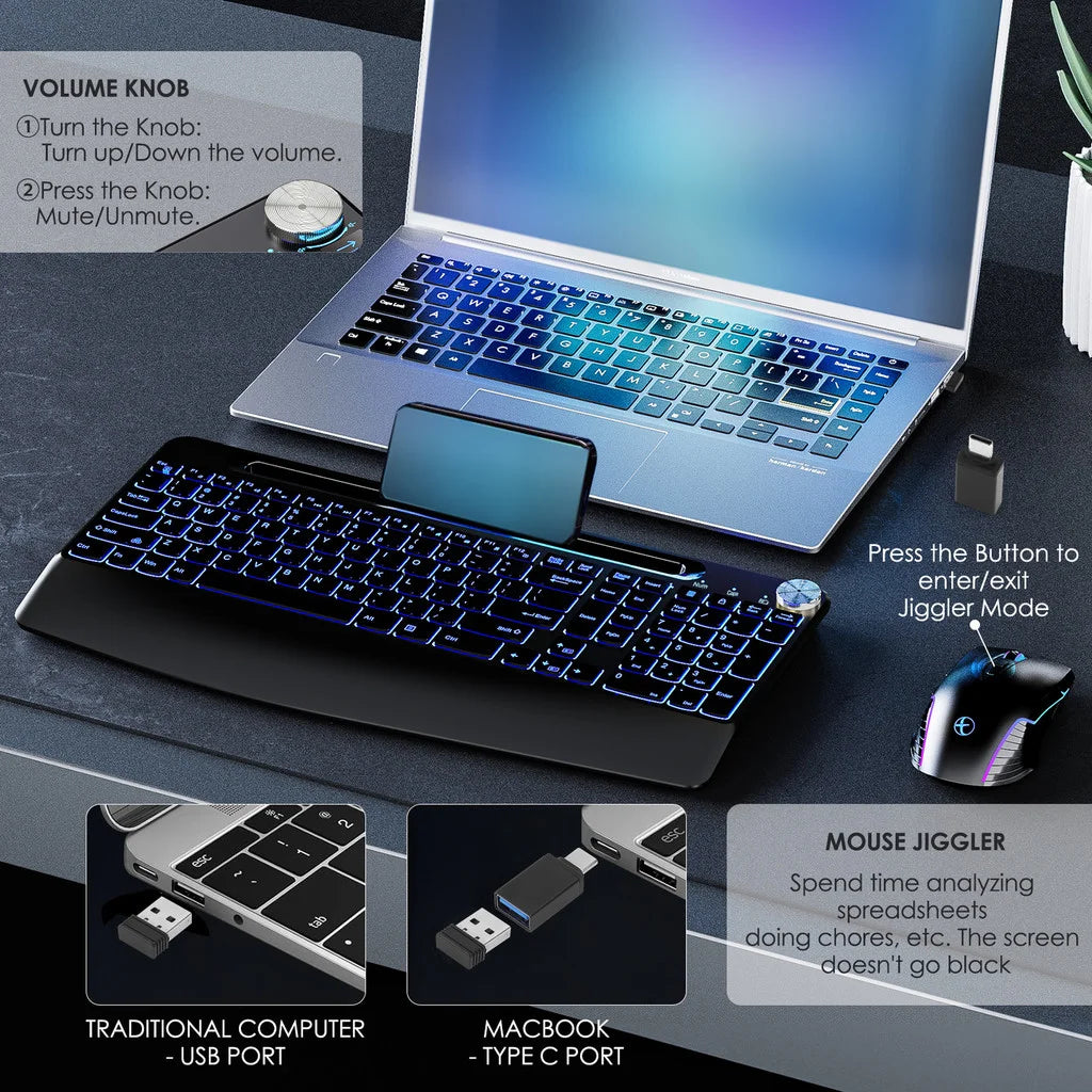 Wireless Keyboard with 7 Colored Backlits, Wrist Rest, Phone Holder Keyboard