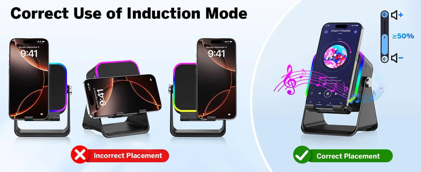 Wireless Induction Speaker 8 RGB Lights HIFI Sound Portable Bluetooth Phone