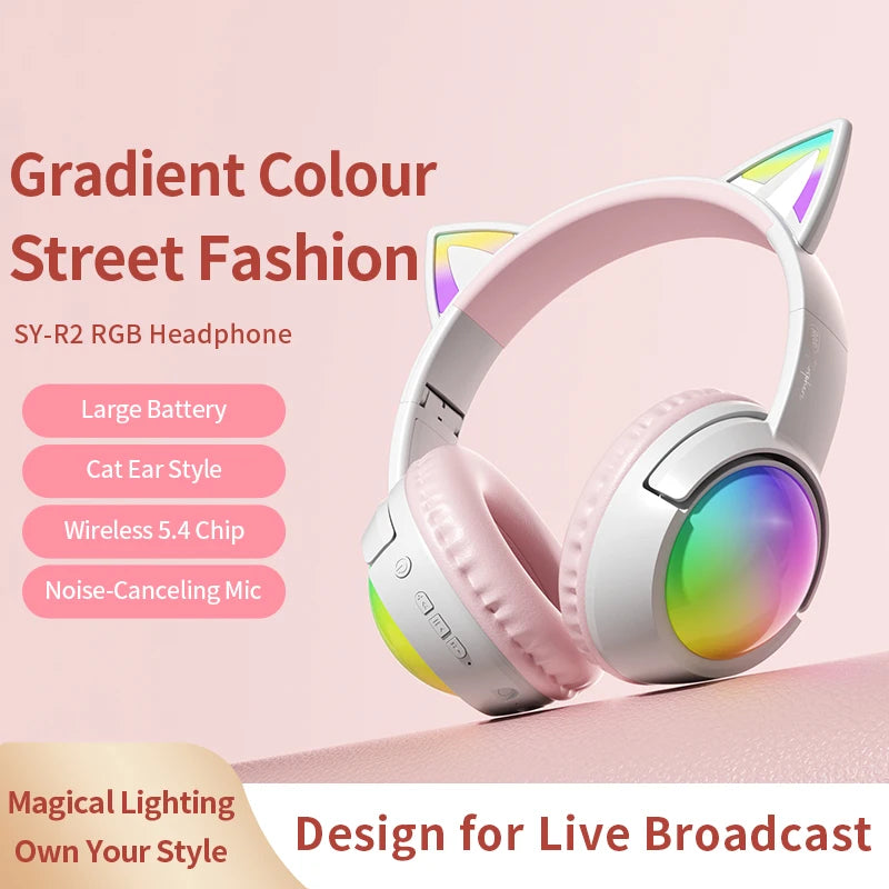 Cute Cat Ear RGB Wireless Headphones, Bluetooth Playtime, Foldable Over-Ear