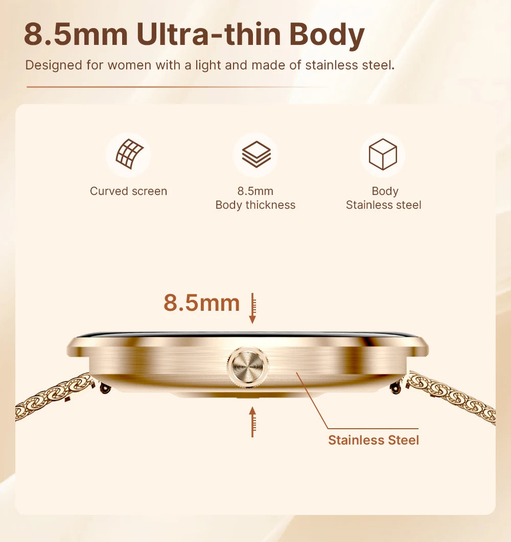 MEVADEN 8.5mm Ultra-thin Luxury Stainless Steel Smart Watch Women
