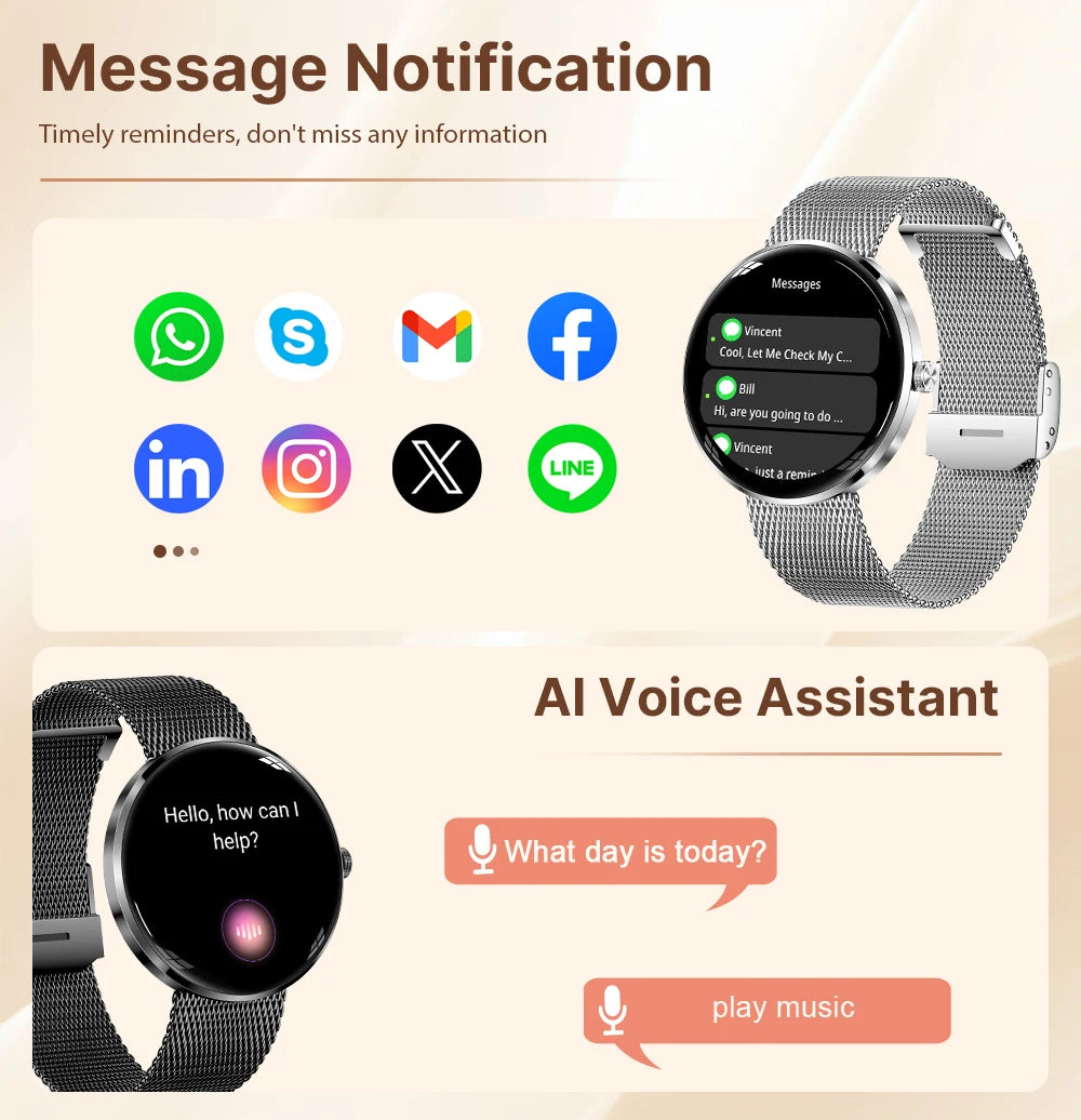 MEVADEN 8.5mm Ultra-thin Luxury Stainless Steel Smart Watch Women