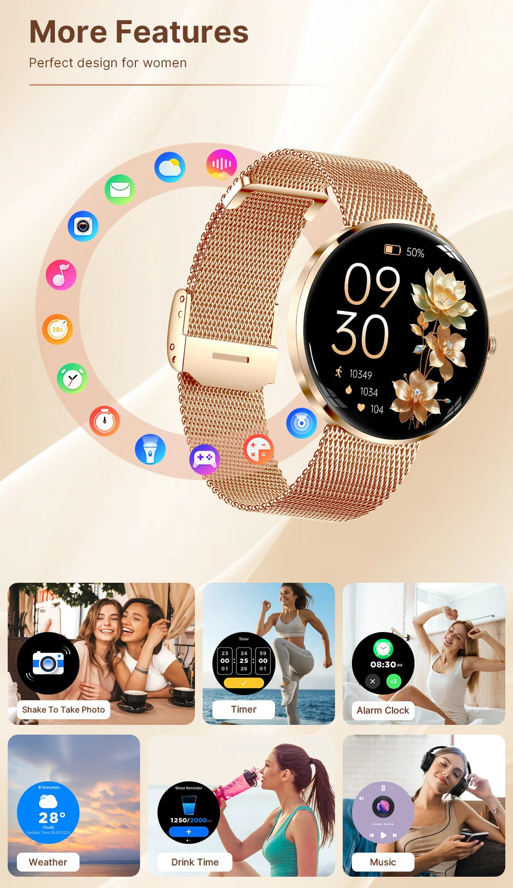 MEVADEN 8.5mm Ultra-thin Luxury Stainless Steel Smart Watch Women