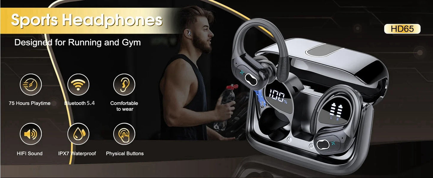 TWS Sports Earbuds Bluetooth 5.4 HIFI Bass Wireless Headphones LED Touch