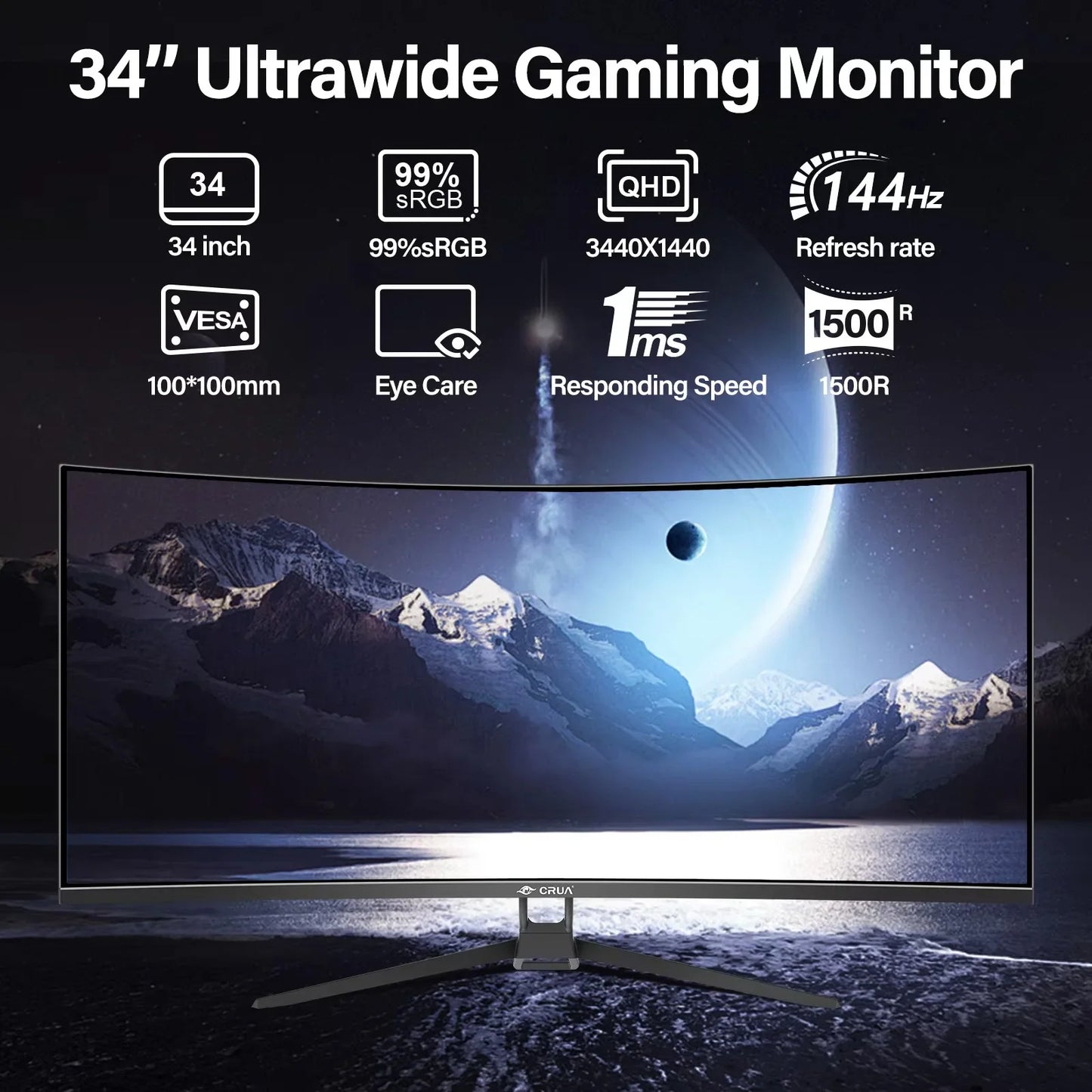 34 CRUA Gaming Monitor 34-inch Curved Ultrawide WQHD Monitor VA Panel Display
