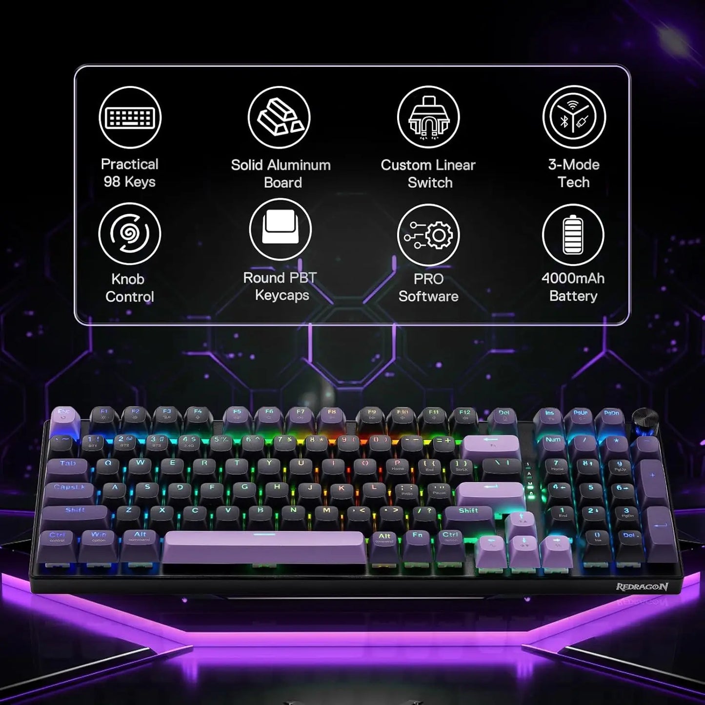 Redragon K740 PRO 98 Keys Wireless RGB Gaming Keyboard, Mechanical Keyboard