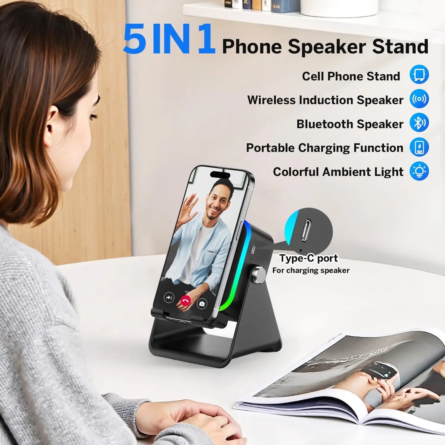 Wireless Induction Speaker 8 RGB Lights HIFI Sound Portable Bluetooth Phone
