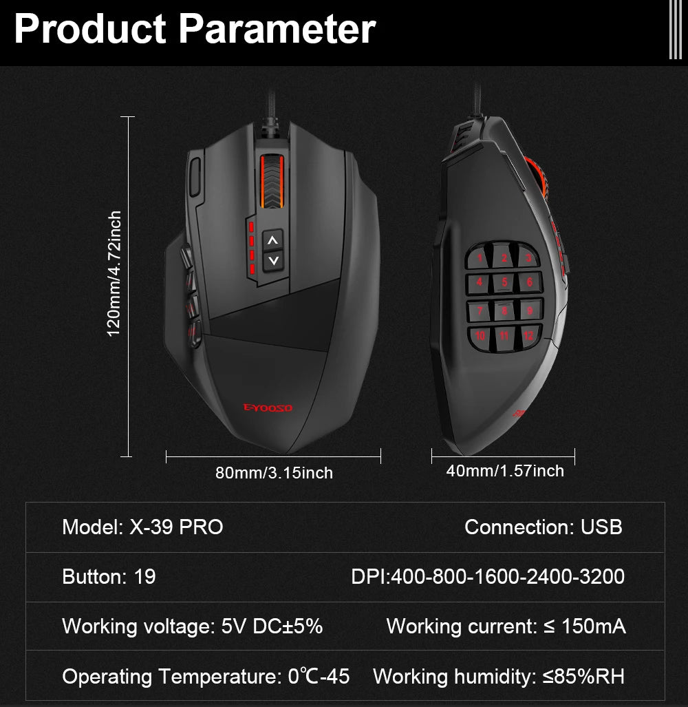 USB Wired RGB Gaming Mouse 24000 DPI SG8960 19 buttons programmable game