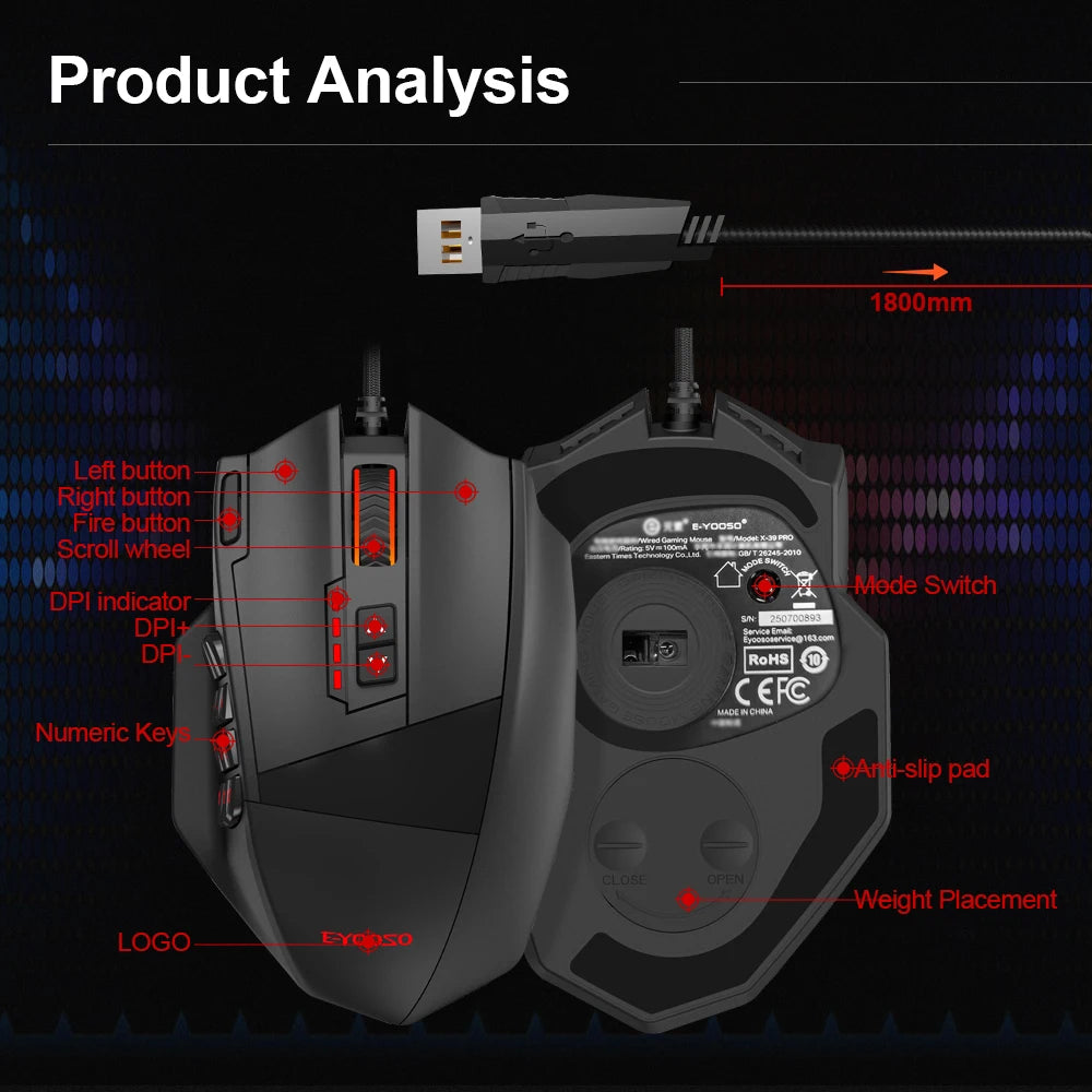 USB Wired RGB Gaming Mouse 24000 DPI SG8960 19 buttons programmable game