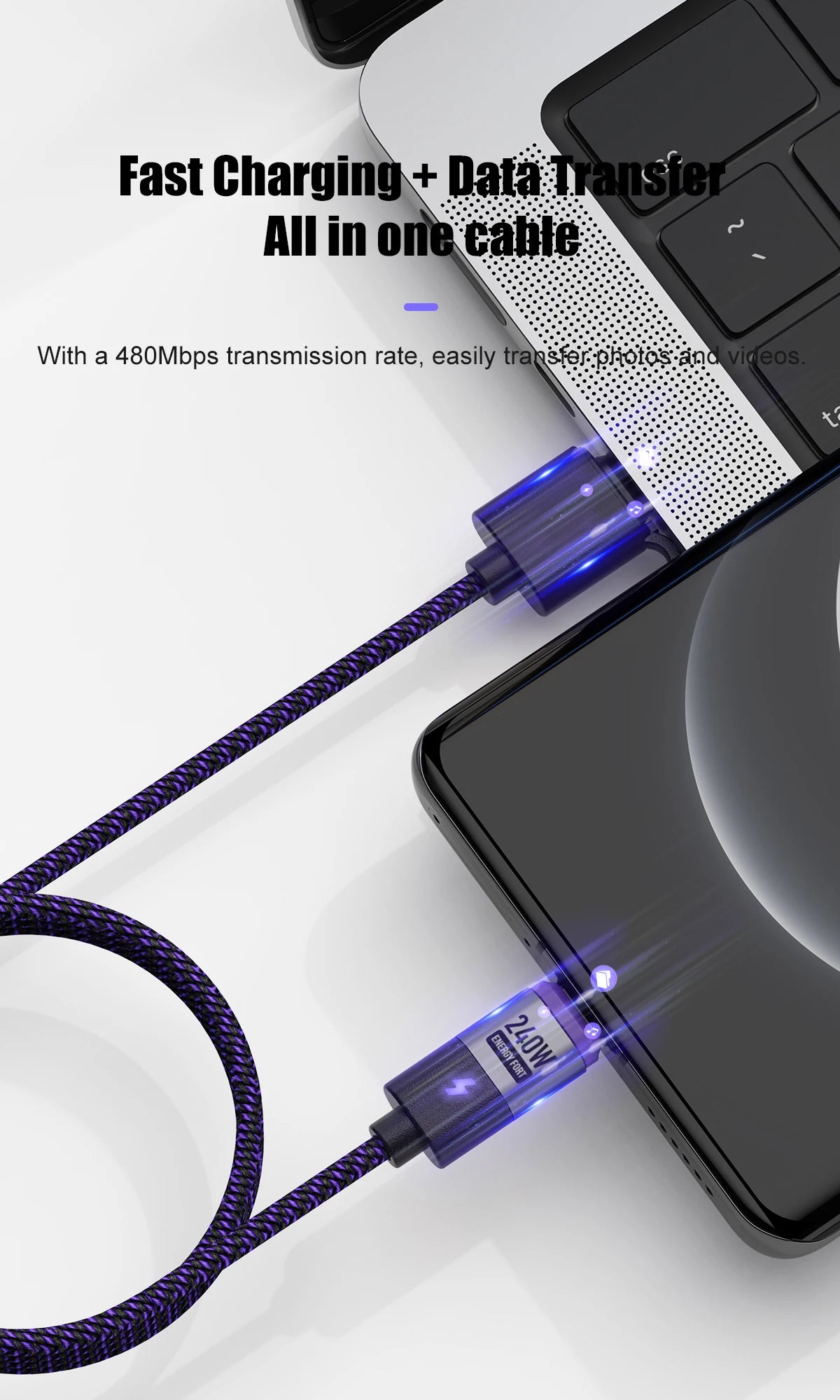 240W Magnetic Phone Charger Magnetic USB C Charging Cable 480Mbps Data