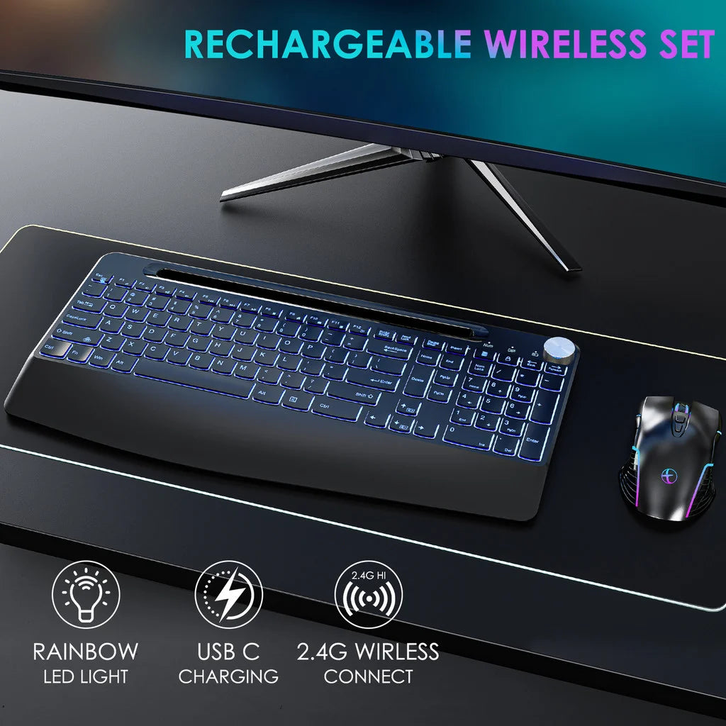 Wireless Keyboard with 7 Colored Backlits, Wrist Rest, Phone Holder Keyboard