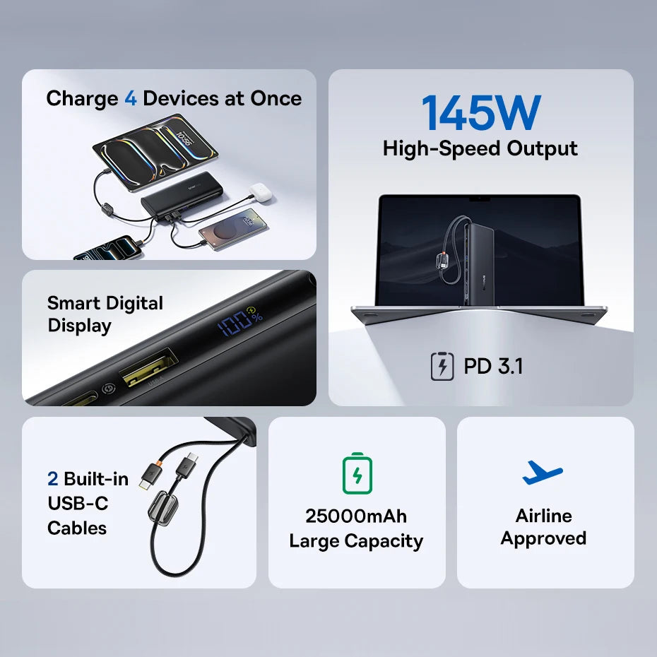 Power Bank Built-In Dual USB-C Cable Fast Charge Digital Display Power Bank