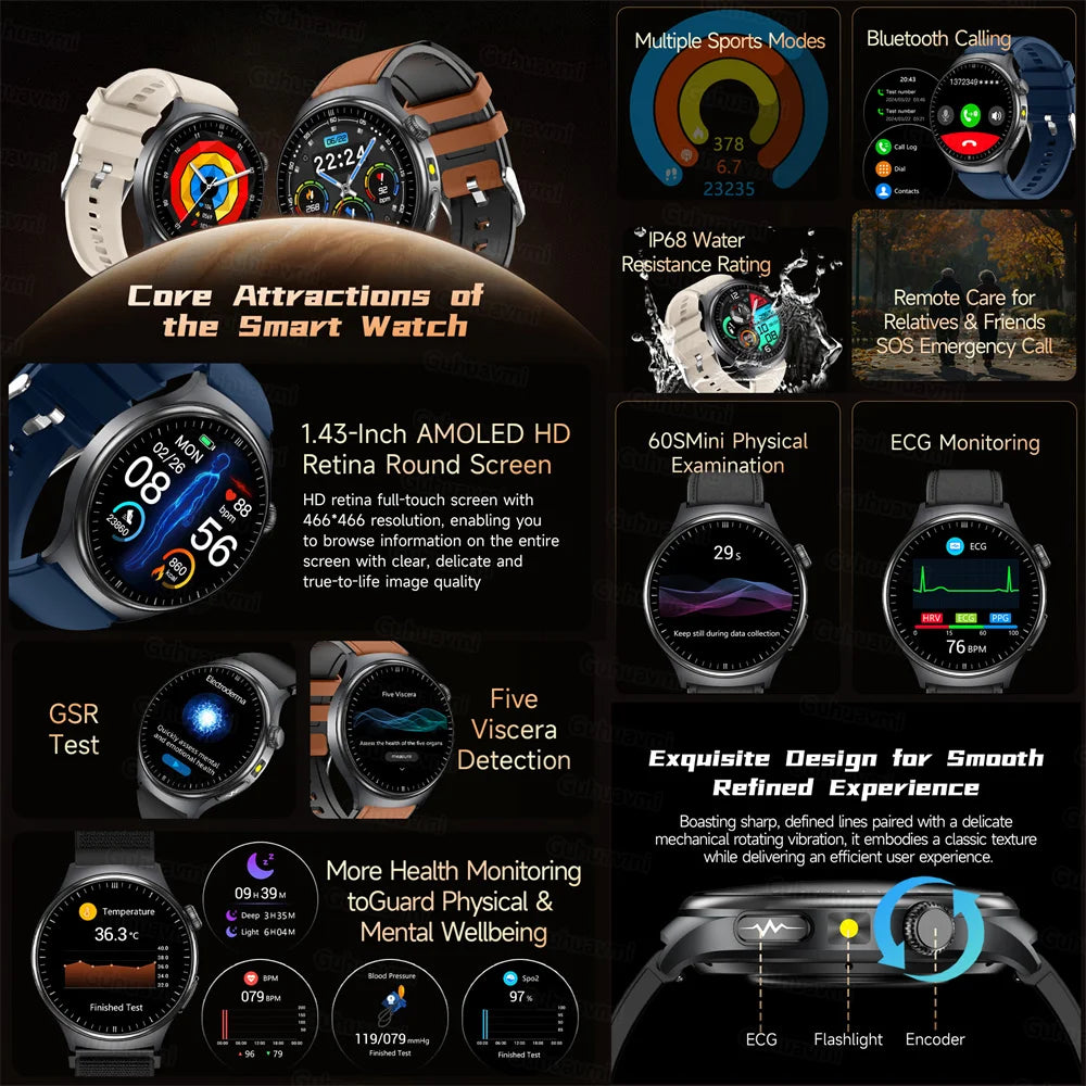 New Accurate ECG Smart Watch Heart Health Analysis Blood oxygen Pressure BT