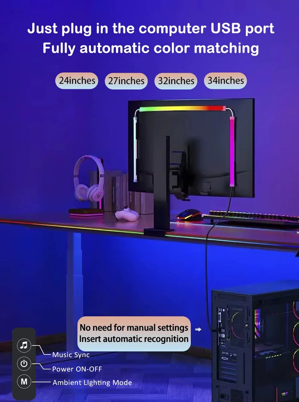 USB Computer Sync Light Strip PC Strip Lights 24 27 32 34 Inch Monitor RGB