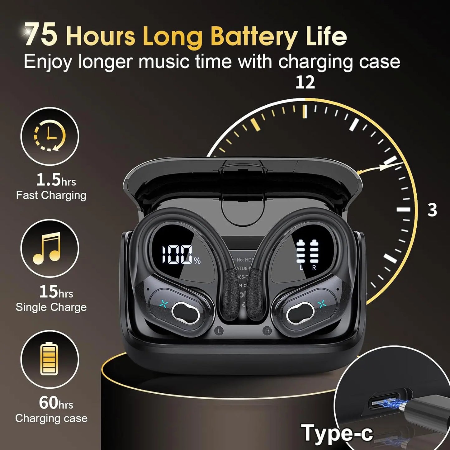 TWS Sports Earbuds Bluetooth 5.4 HIFI Bass Wireless Headphones LED Touch