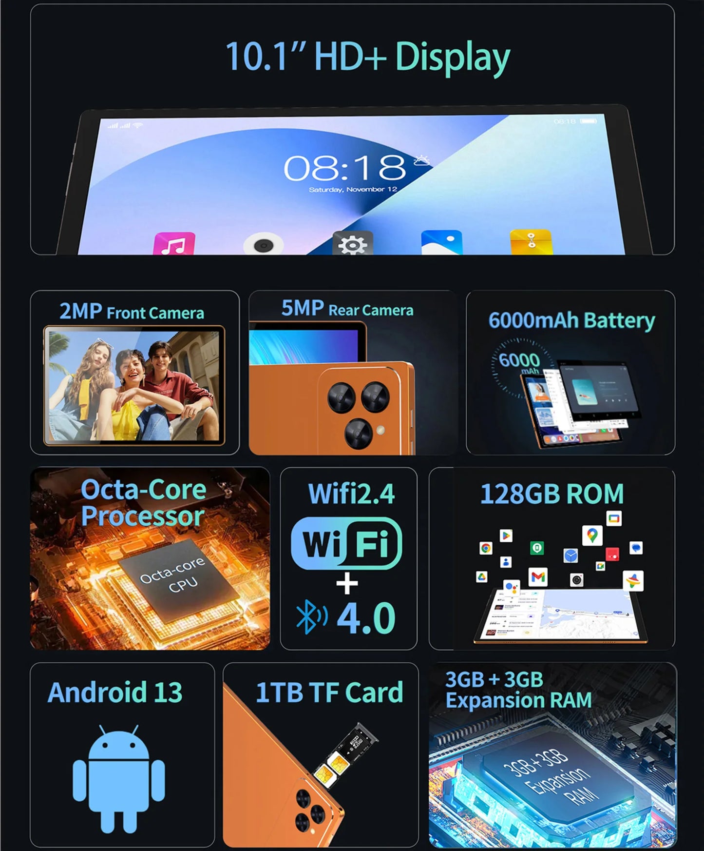 BDF- i17 phone tablets 10.1 Inch Octa Core 6GB RAM 128GB ROM Dual SIM