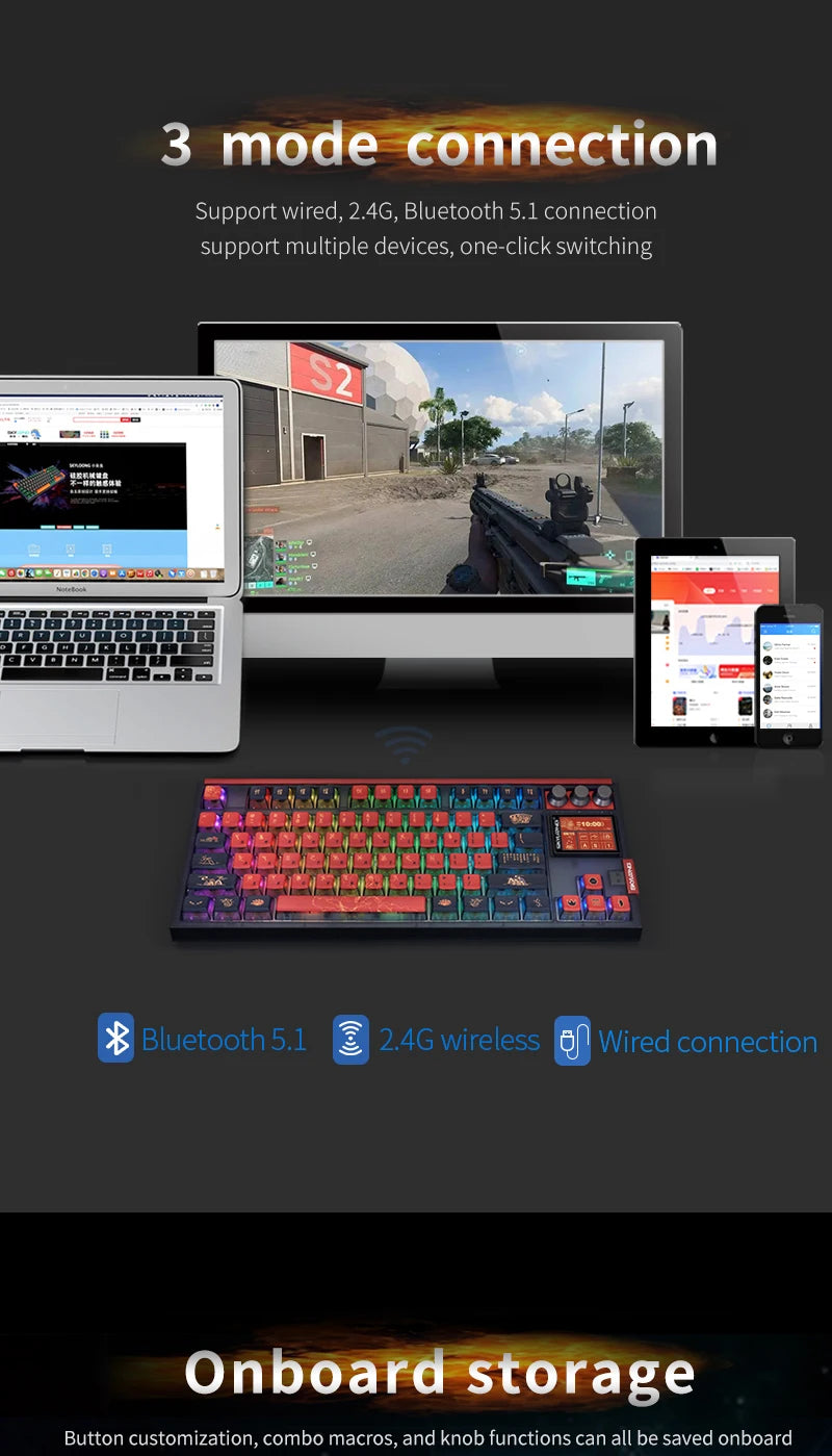 Pro Bluetooth mechanical keyboard 80% TKL low noise switch RGB backlit PBT