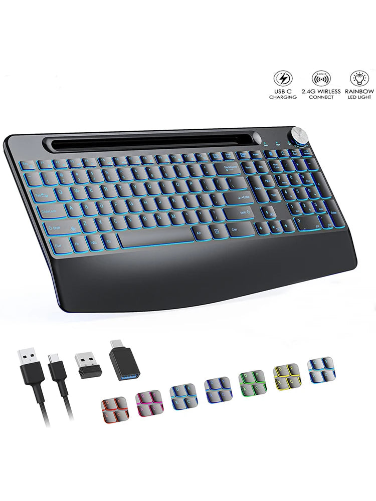 Wireless Keyboard with 7 Colored Backlits, Wrist Rest, Phone Holder Keyboard