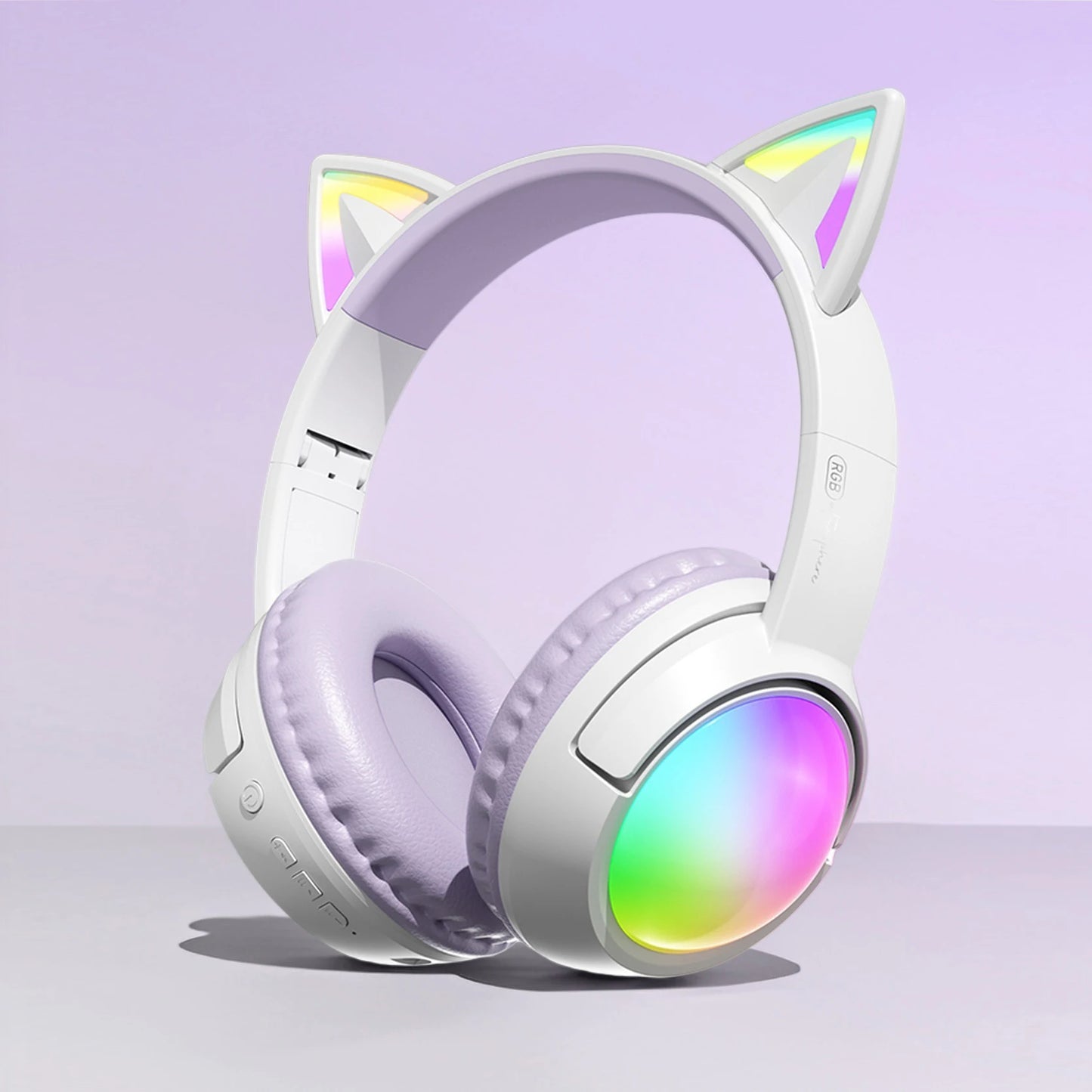 Cute Cat Ear RGB Wireless Headphones, Bluetooth Playtime, Foldable Over-Ear