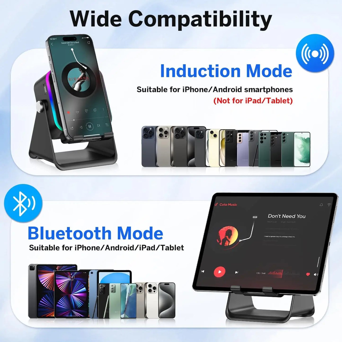 Wireless Induction Speaker 8 RGB Lights HIFI Sound Portable Bluetooth Phone