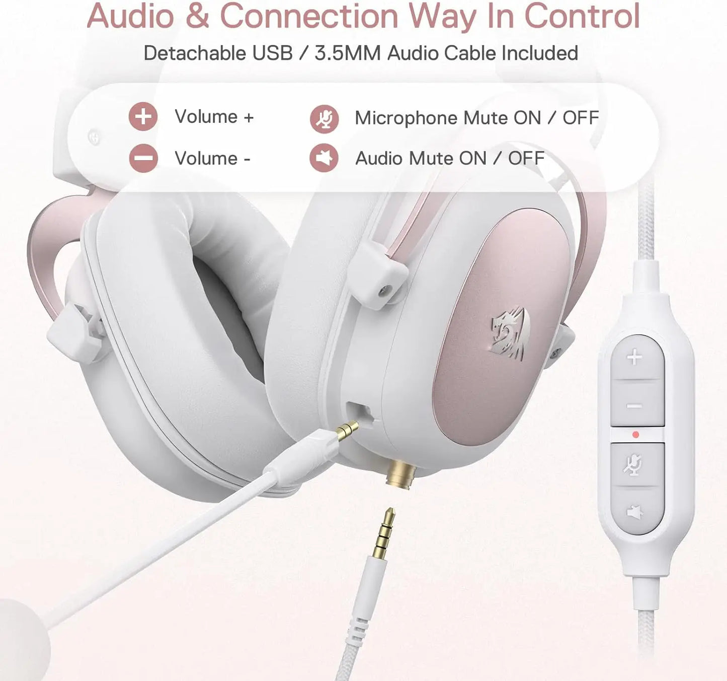 Redragon White Wired Gaming Headset - 7.1 Surround Sound Memory Foam Ear