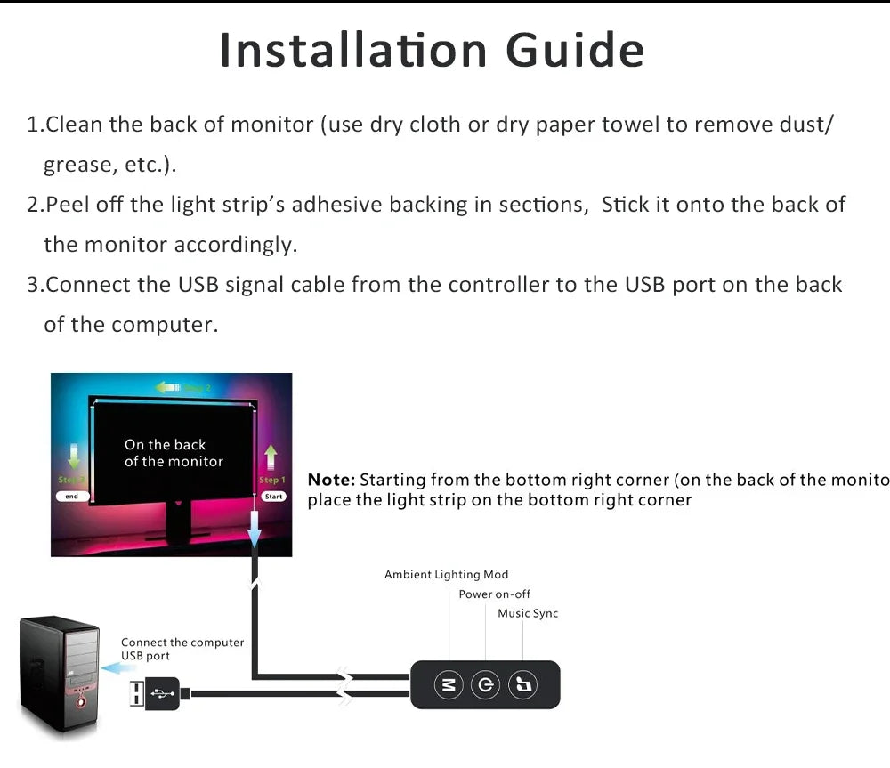 USB Computer Sync Light Strip PC Strip Lights 24 27 32 34 Inch Monitor RGB
