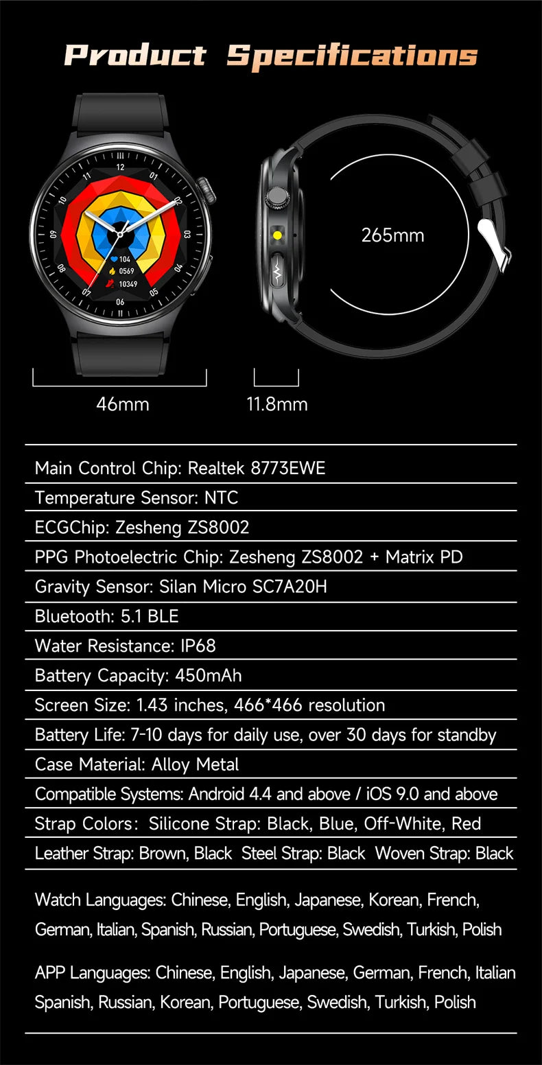New Accurate ECG Smart Watch Heart Health Analysis Blood oxygen Pressure BT