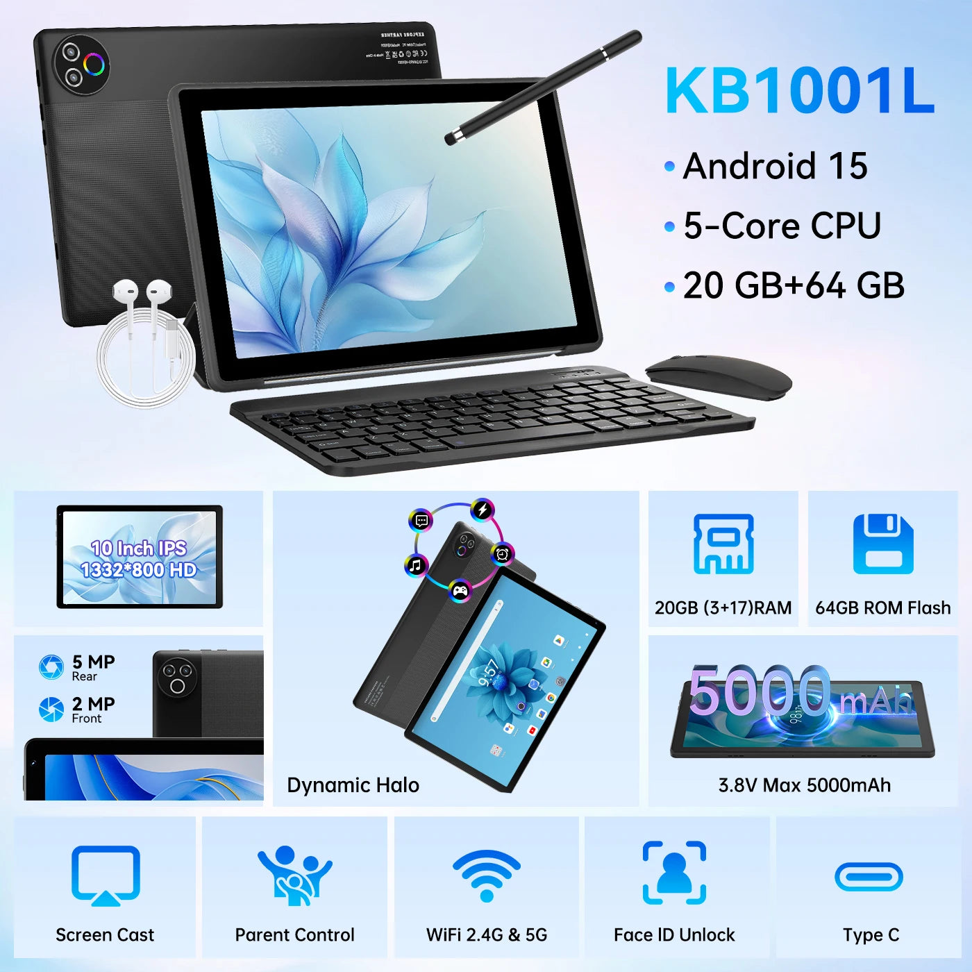 URAO 10 Inch Android 15 OS GMS Certified Tablets ROM 1TB Touch Screen