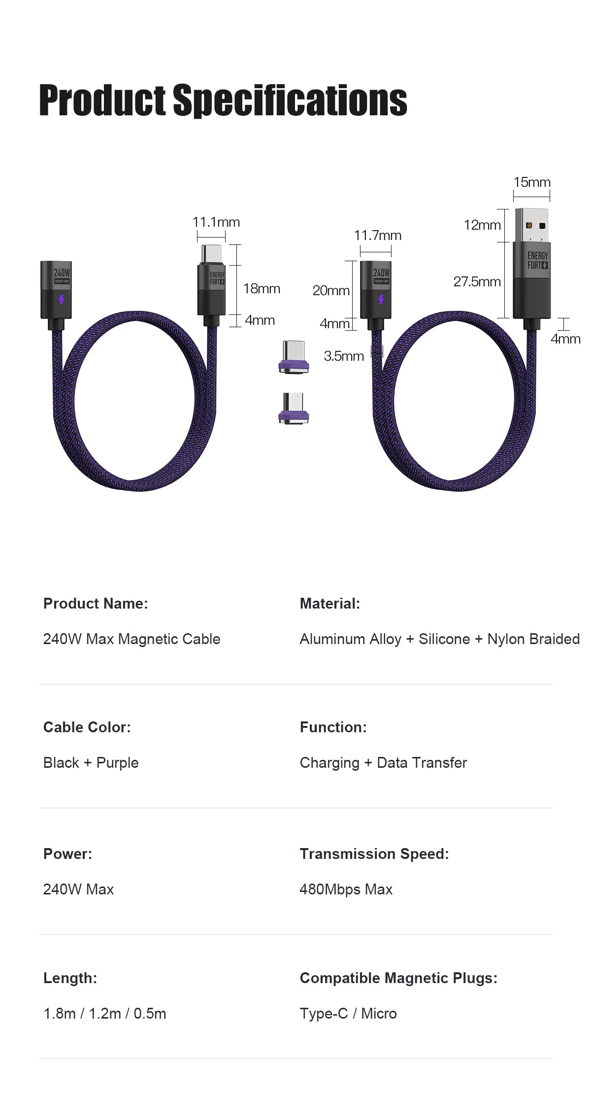 240W Magnetic Phone Charger Magnetic USB C Charging Cable 480Mbps Data