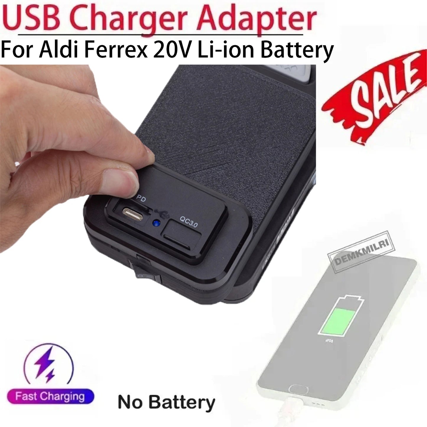 Battery Power Bank for Aldi Ferrex 20V Energy Li-ion Battery with USB/Type-C