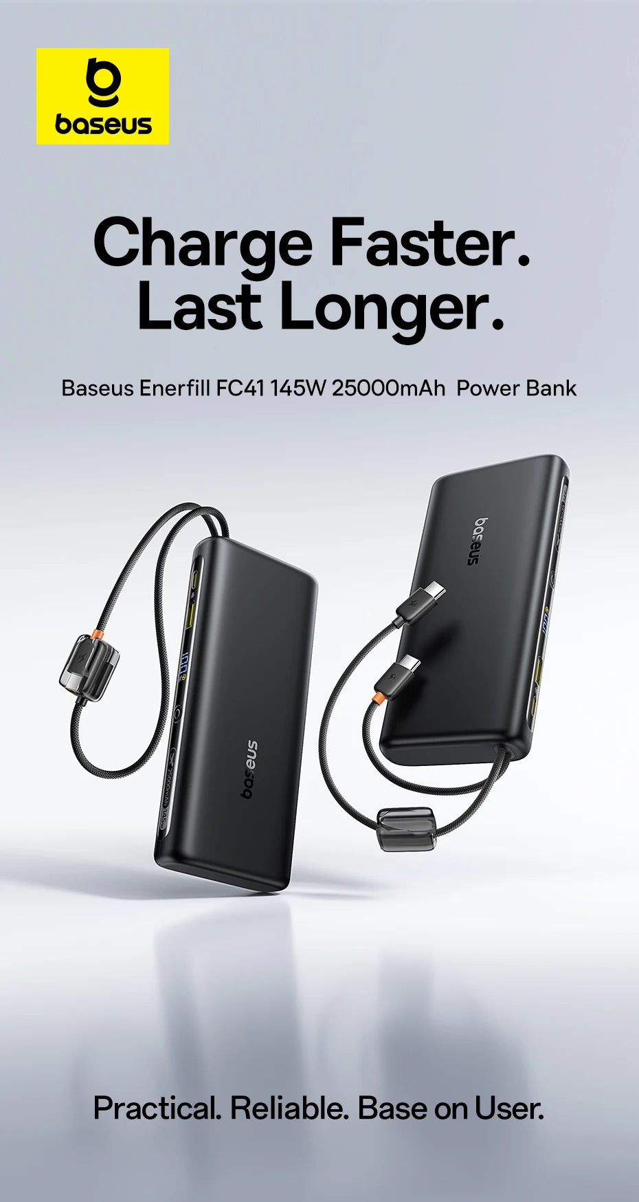 Power Bank Built-In Dual USB-C Cable Fast Charge Digital Display Power Bank