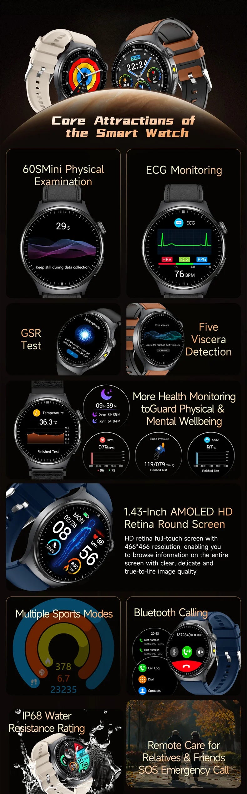 New Accurate ECG Smart Watch Heart Health Analysis Blood oxygen Pressure BT