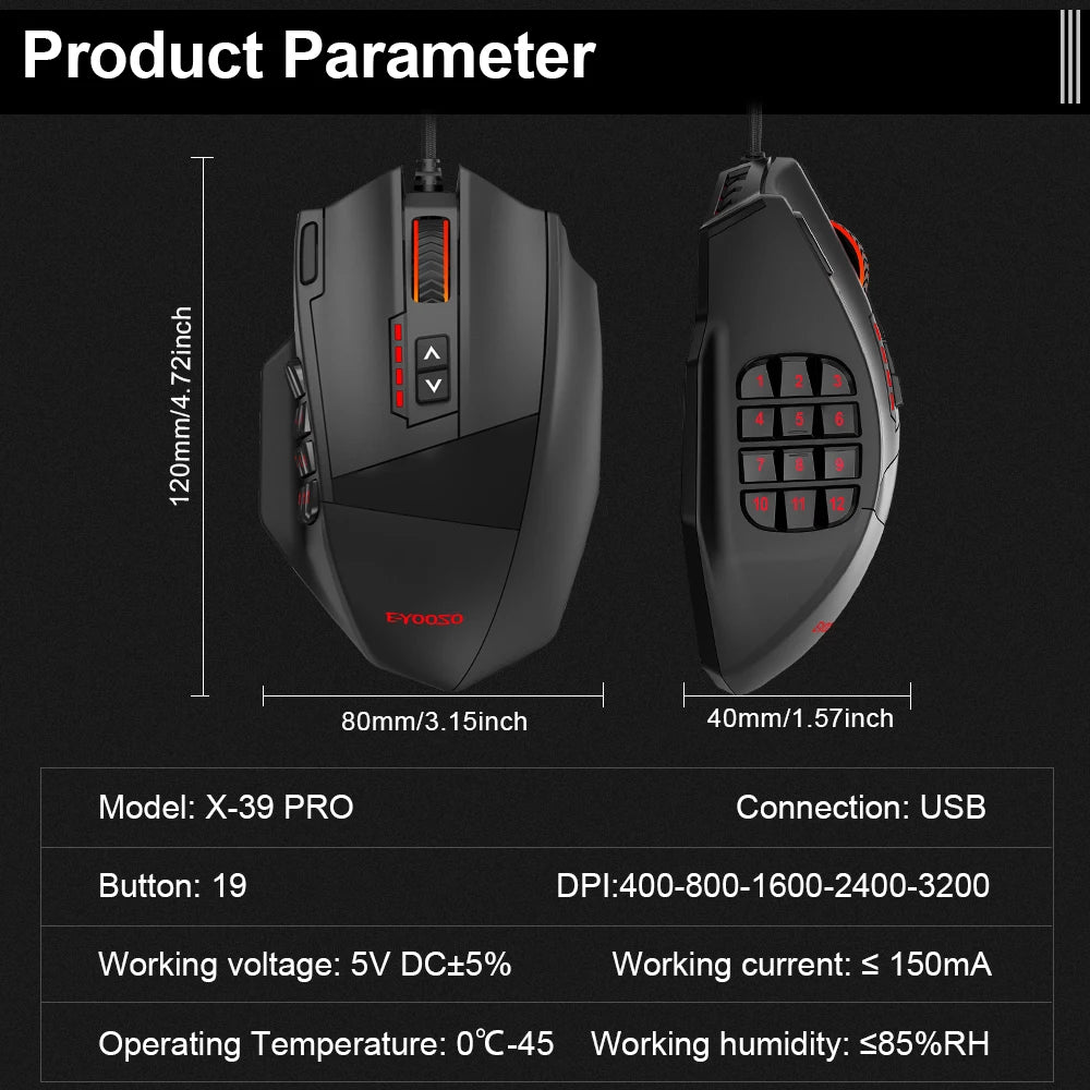 USB Wired RGB Gaming Mouse 24000 DPI SG8960 19 buttons programmable game