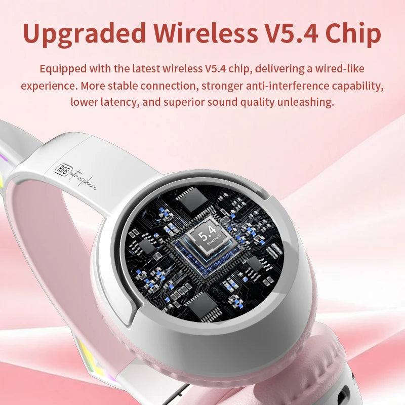 Cute Cat Ear RGB Wireless Headphones, Bluetooth Playtime, Foldable Over-Ear