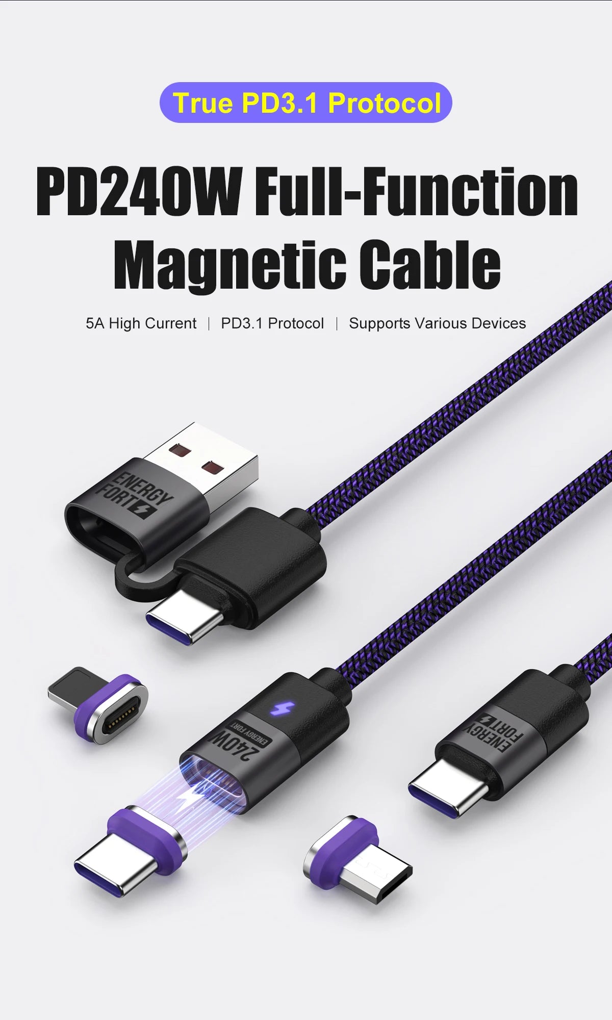 240W Magnetic Phone Charger Magnetic USB C Charging Cable 480Mbps Data