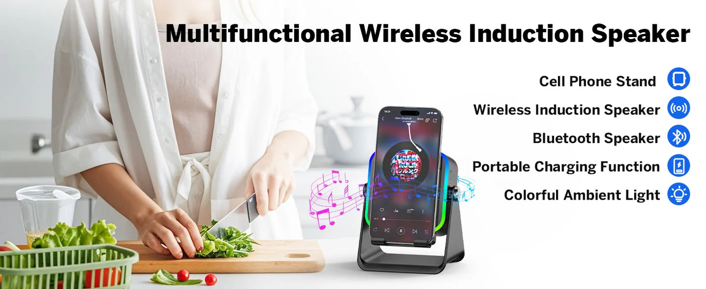 Wireless Induction Speaker 8 RGB Lights HIFI Sound Portable Bluetooth Phone