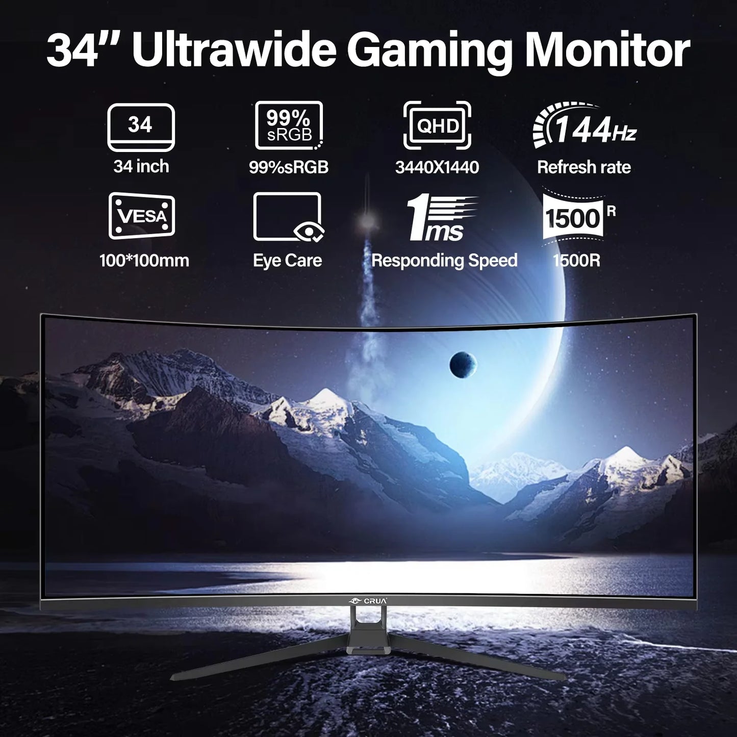 34 CRUA Gaming Monitor 34-inch Curved Ultrawide WQHD Monitor VA Panel Display