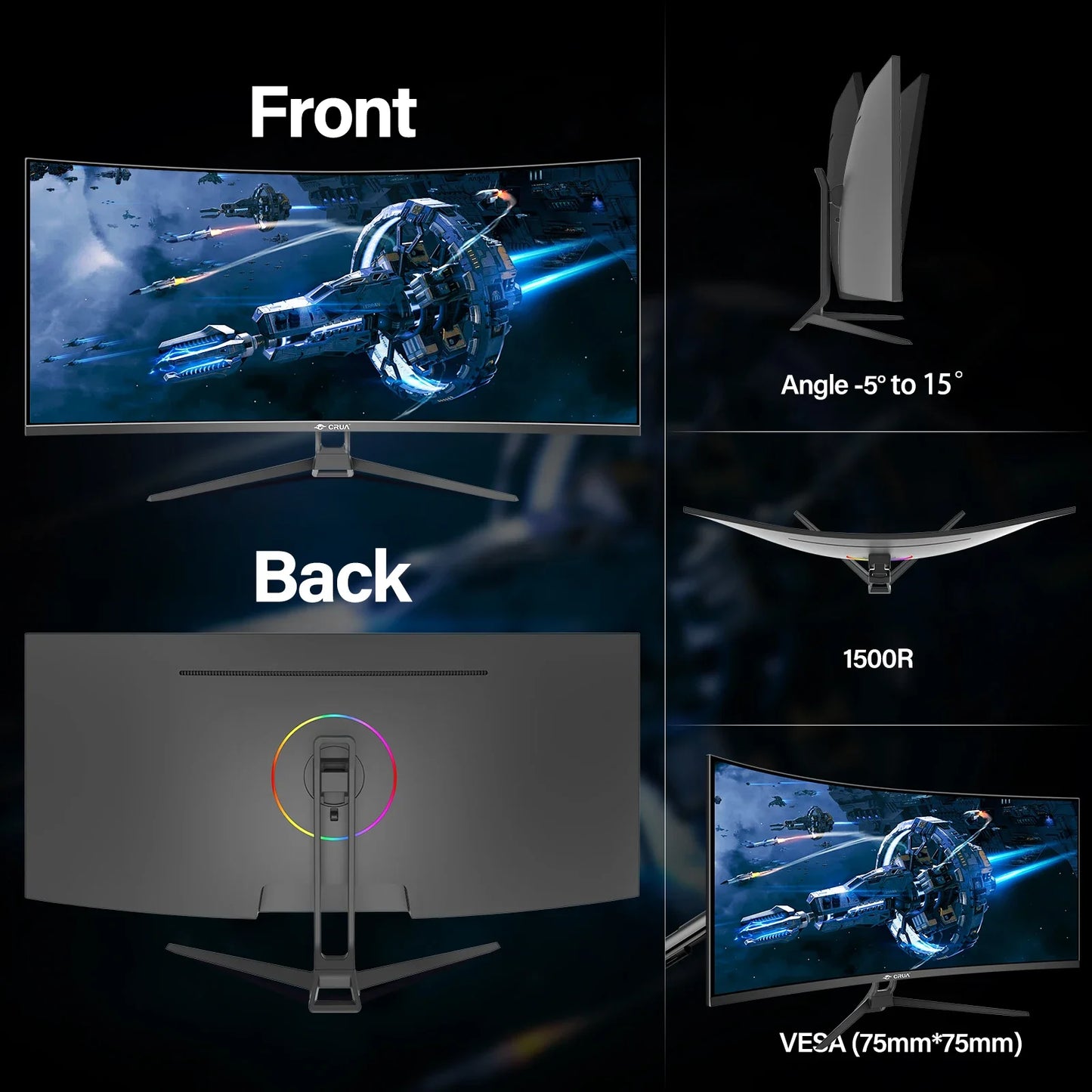 34 CRUA Gaming Monitor 34-inch Curved Ultrawide WQHD Monitor VA Panel Display