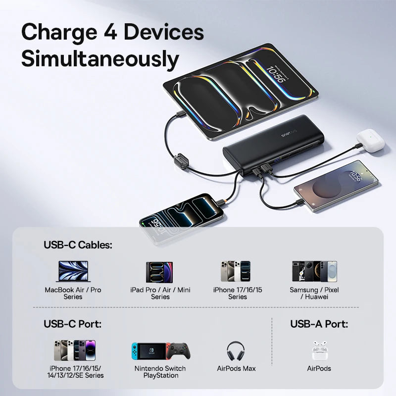 Power Bank Built-In Dual USB-C Cable Fast Charge Digital Display Power Bank