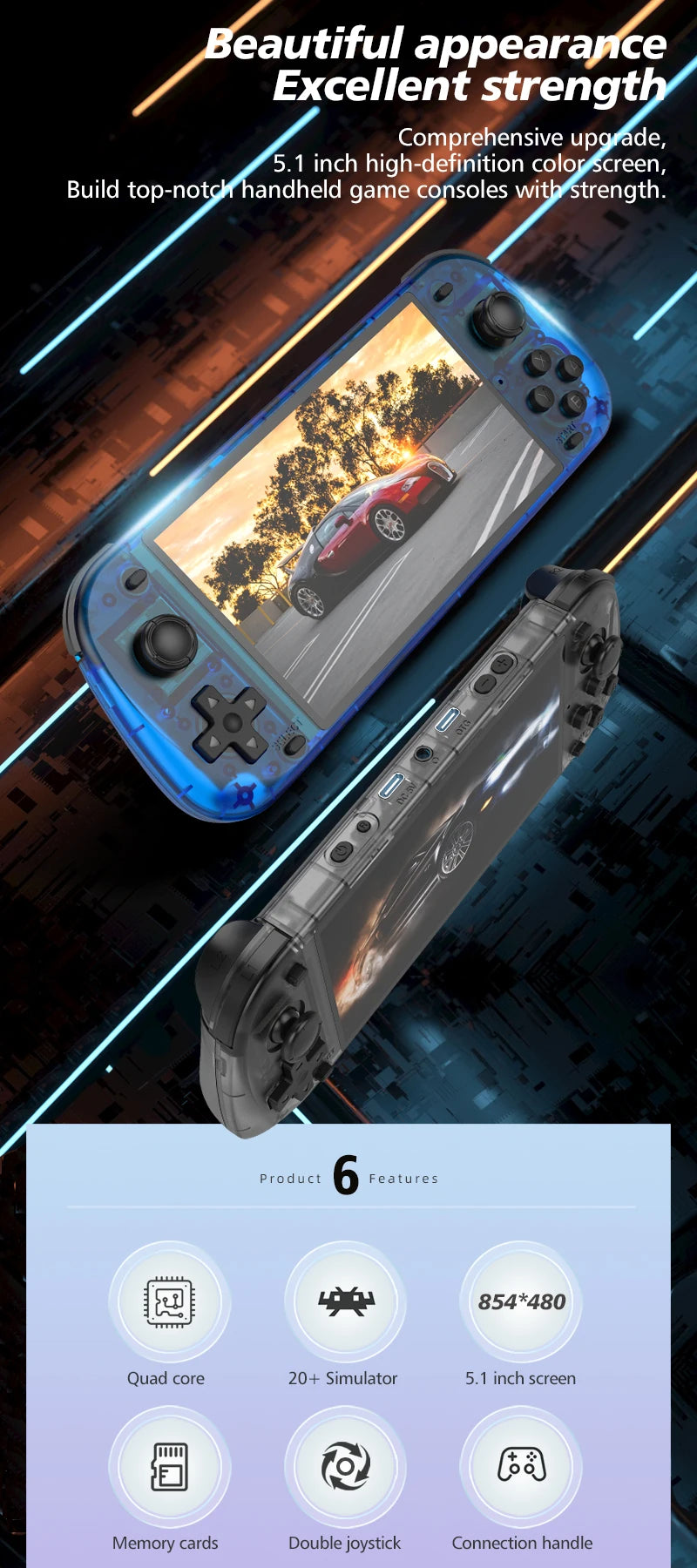 R50S Retro Handheld Console Classic Game 5.1 inch HD IPS Screen