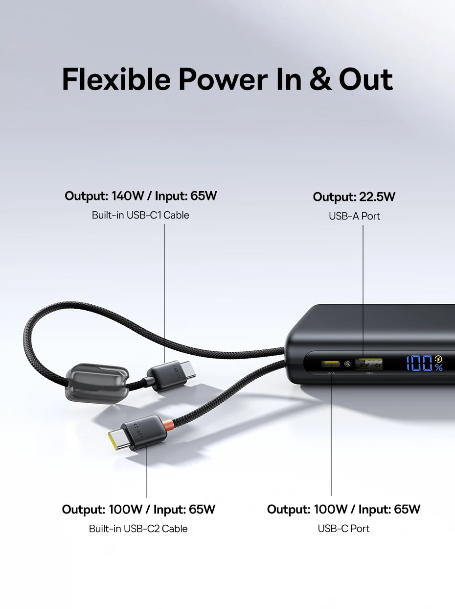 Power Bank Built-In Dual USB-C Cable Fast Charge Digital Display Power Bank