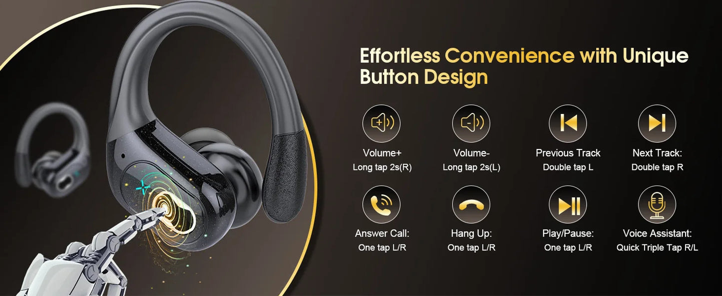 TWS Sports Earbuds Bluetooth 5.4 HIFI Bass Wireless Headphones LED Touch